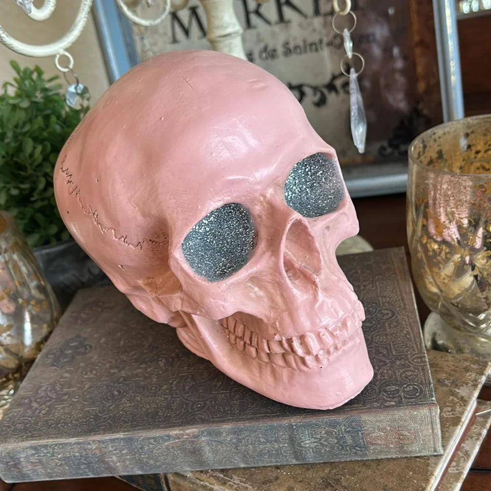Halloween Gothic Glam Pink Skull Decor with Glitter Eyes